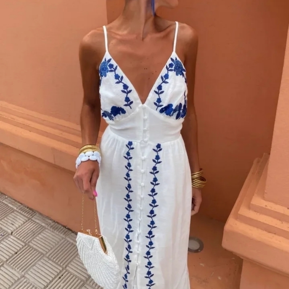 Holiday Chic Embroidery Backless Sling Midi Dress Single-breasted V-neck - Picture 2 of 8